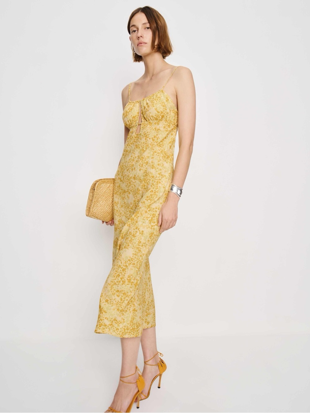 Reformation Zia Yellow Floral Print Midi Dress Size XS